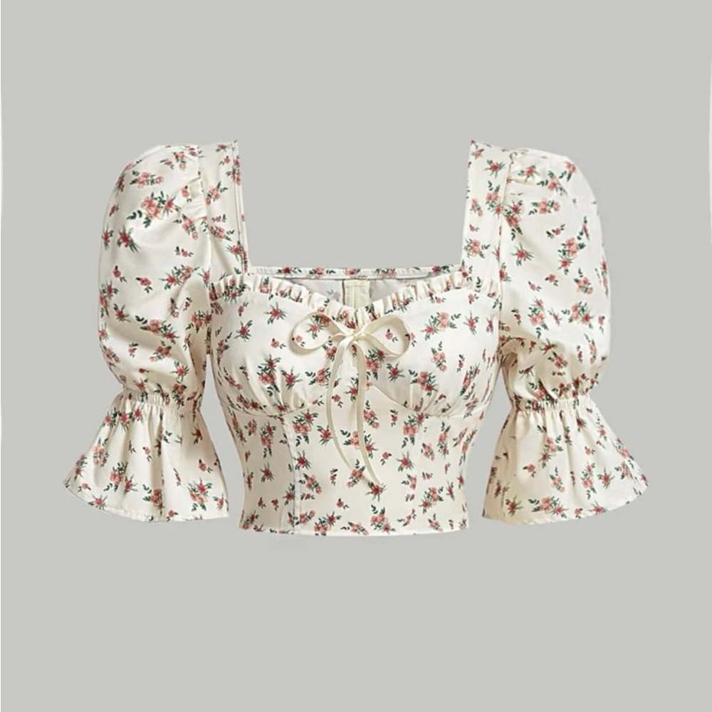 Floral Print Flounce Sleeve Knot Front Crop Blouse